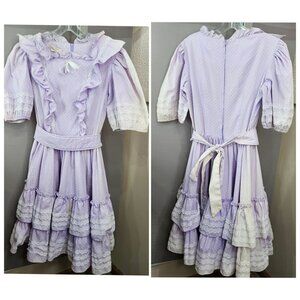 Vintage 1980s Joni Bee Dress 8 Ruffled Lace Trim Belt Polka Dot Western Dance US